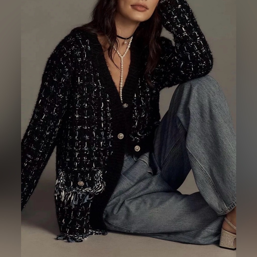 By Anthropologie Tweed Fringe Cardigan